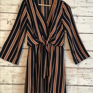 Knotted V-Neck Dress in Brown & Black Stripes